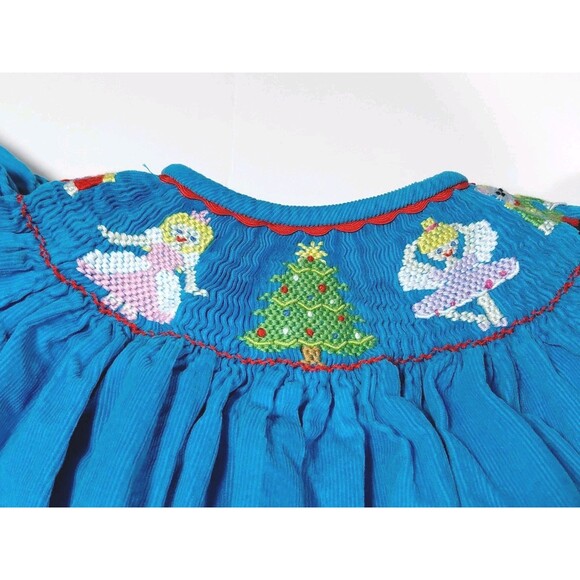 Cukees 3T Long Blue Smocked Puff Sleeve Corduroy Toddler Girl Christmas Dress - Picture 2 of 9